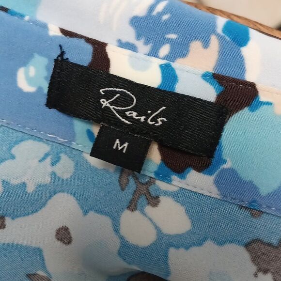 Rails Women Lisa Top Blue / White Long Sleeve Button Down Ruched Floral Top sz M - Picture 13 of 14